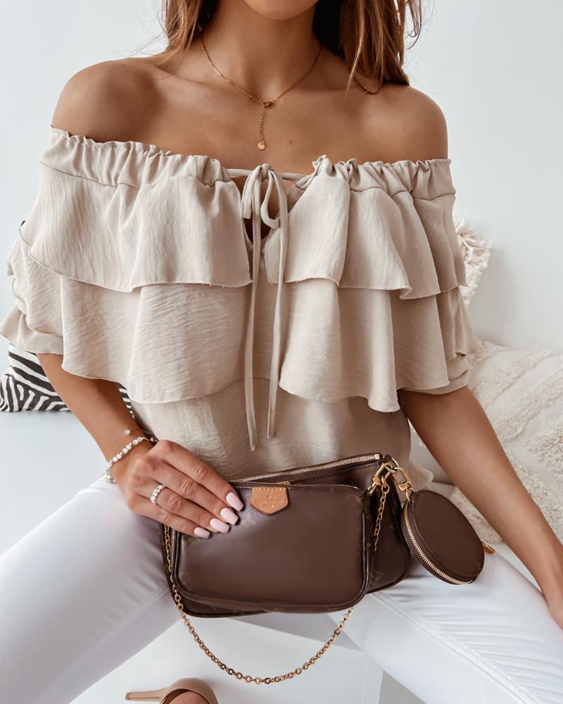 

Layered Ruffle Hem Tied Detail Off Shoulder Top, Apricot