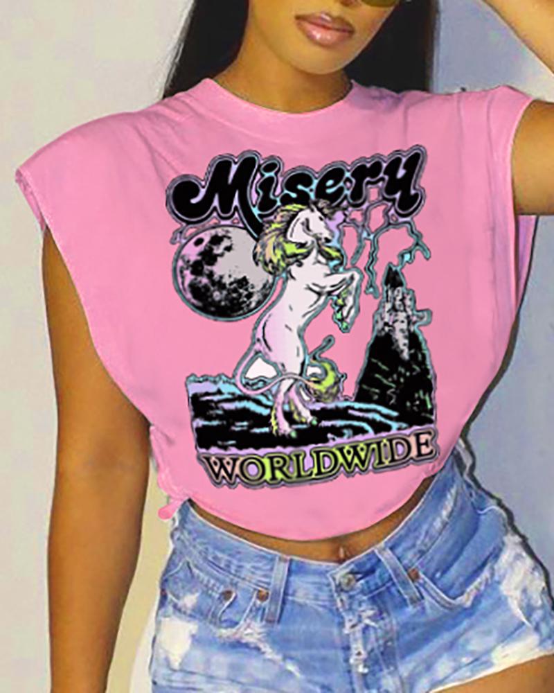 

Graphic Print Cap Sleeve T-shirt, Pink