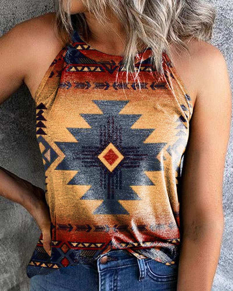 

Vintage Aztec Geometric Print Crew Neck Casual Tank Top, Coffee