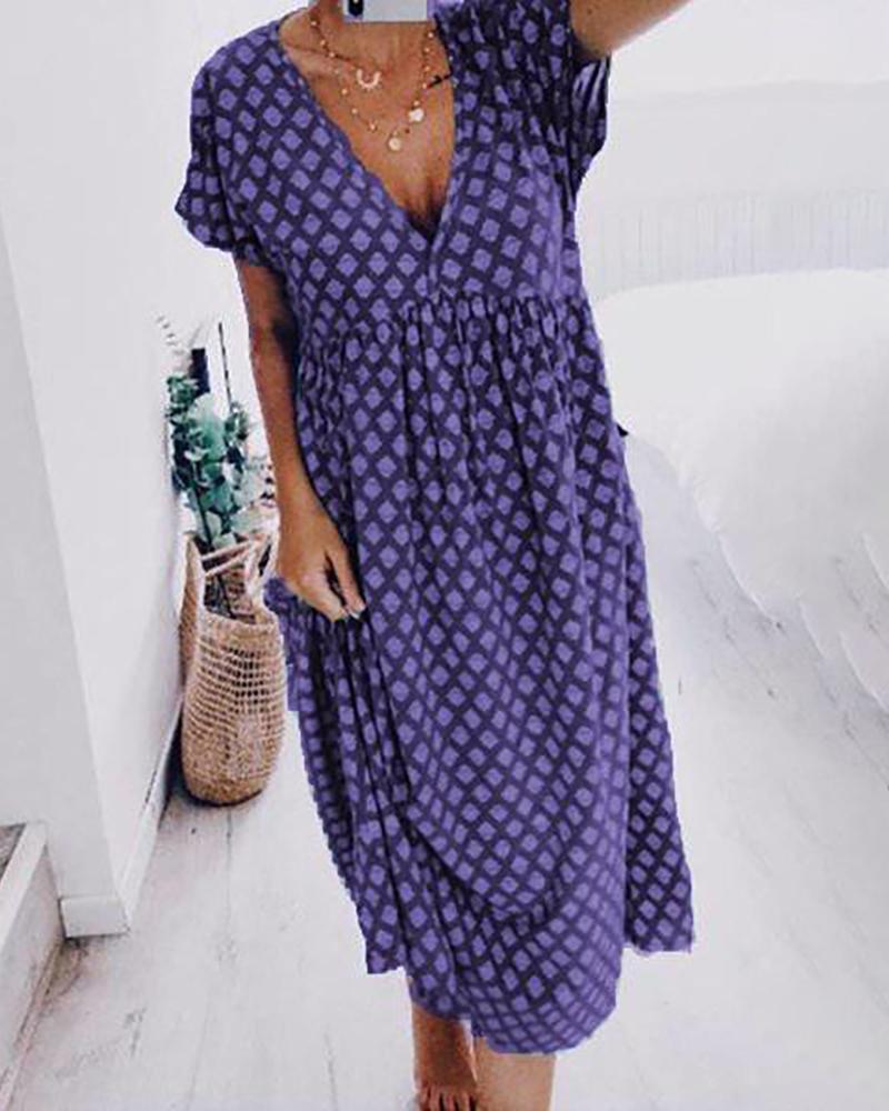 

Retro Print Pocket Design Plunge Casual Dress, Purple