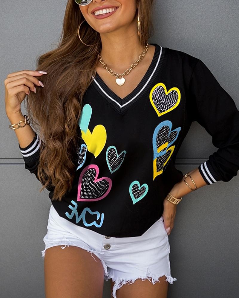 

Heart Print Rhinestone Decor Long Sleeve Top Casual V-Neck Shirt, Black