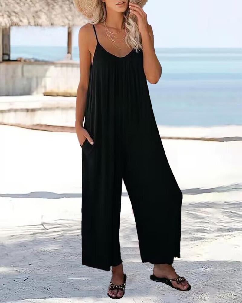 

Pocket Detail Spaghetti Strap Jumpsuit, Black