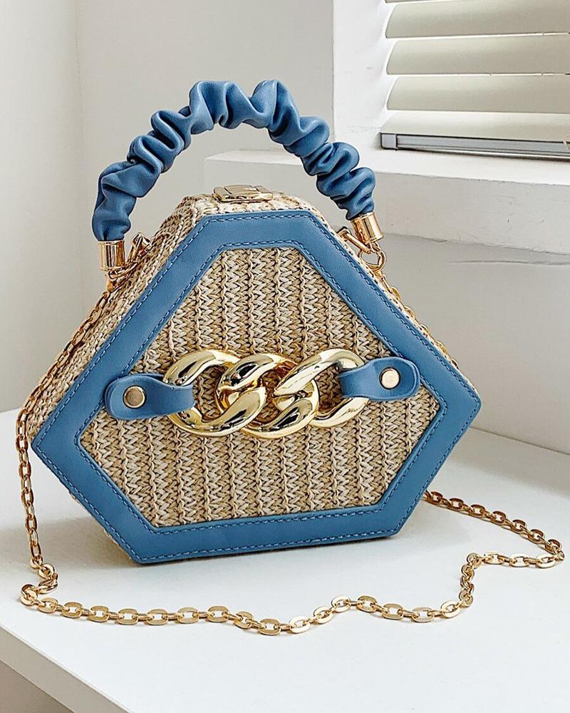 

Trendy Chain Decor Top Handle Straw Geometrical Crossbody Bag, Blue