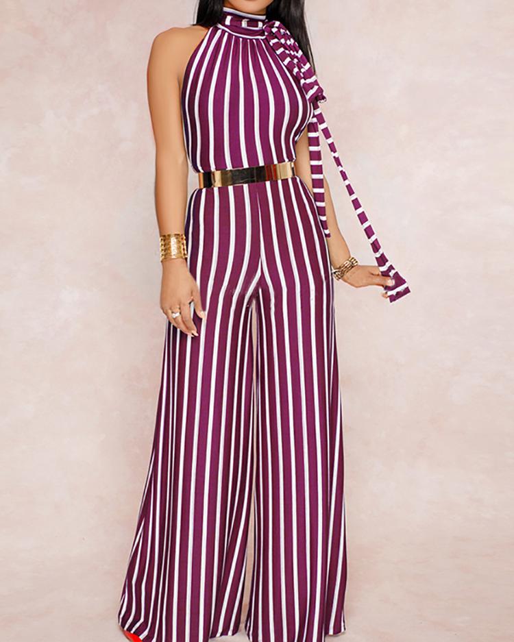 

Halter Vertical Contrast Stripes Open Back Jumpsuit, Purple