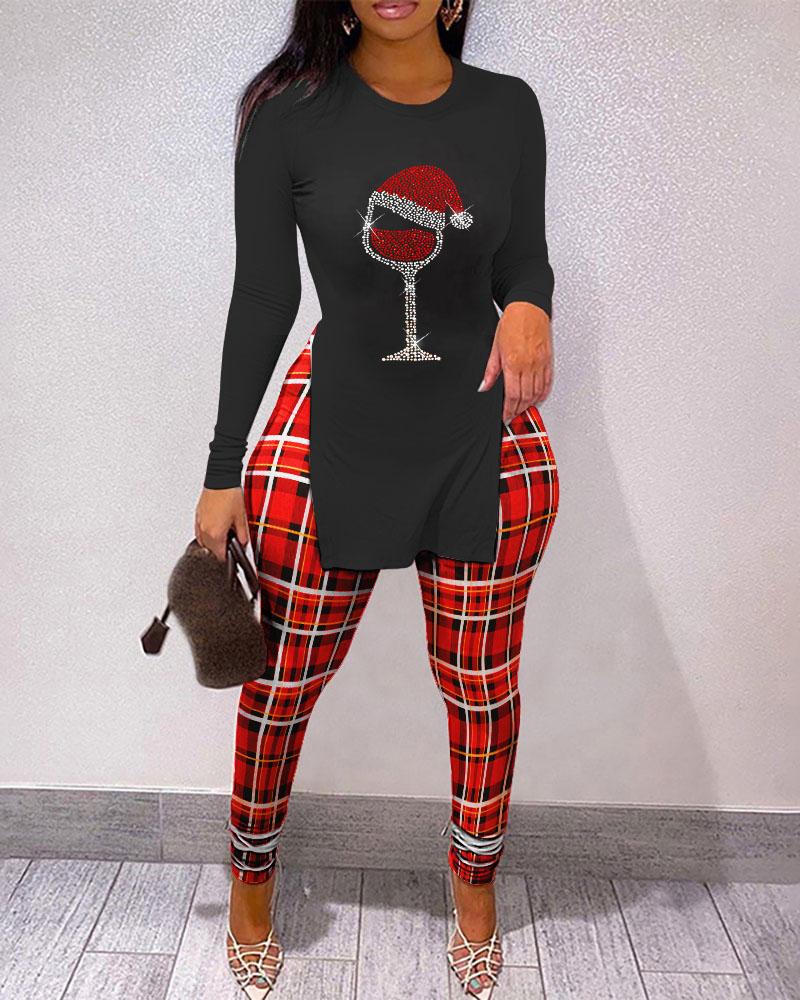 

Christmas Rhinestone Wine Glass Split Hem Top & Plaid Pants Set, Black