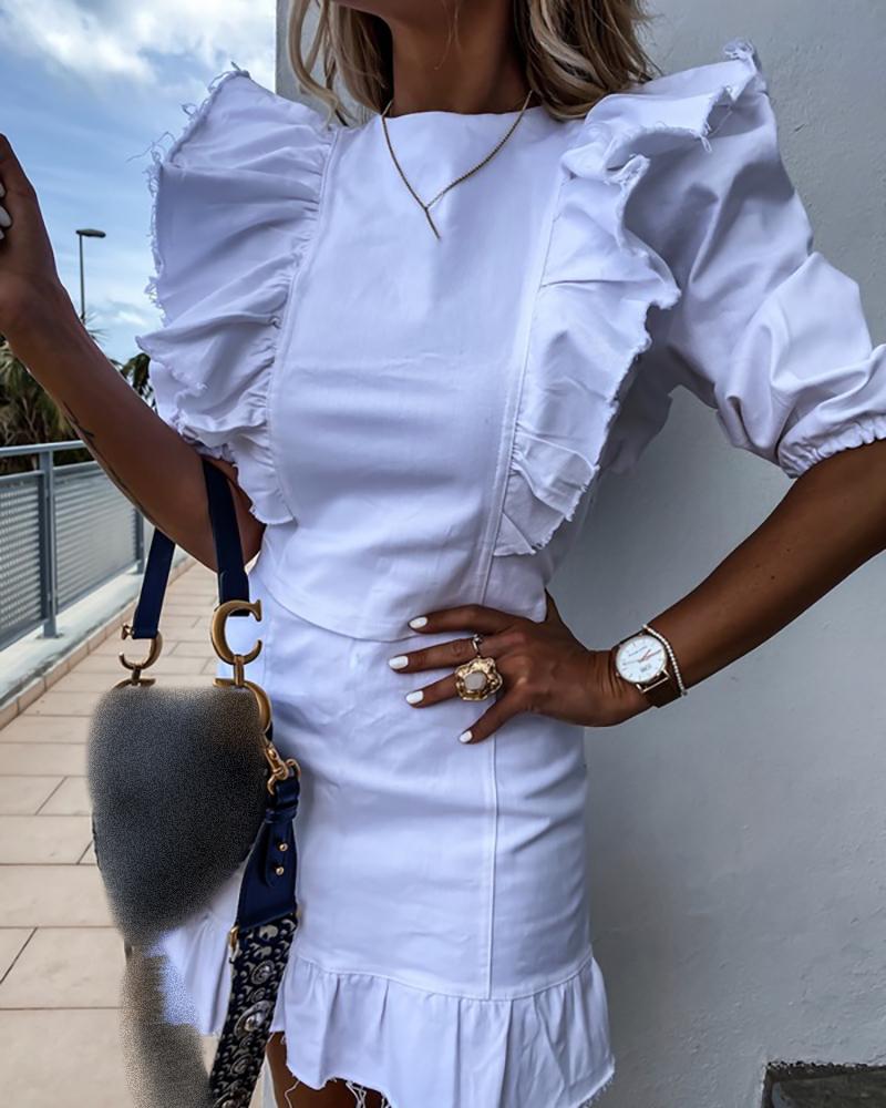 

Ruffle Hem Half Sleeve Top & Skirt Set, White