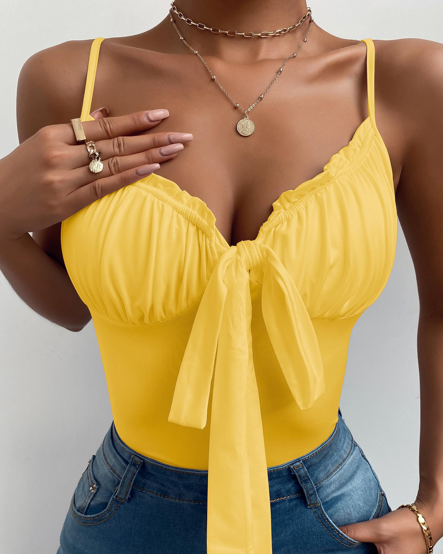 

Frill Hem Ruched Tie Front Cami Top, Yellow