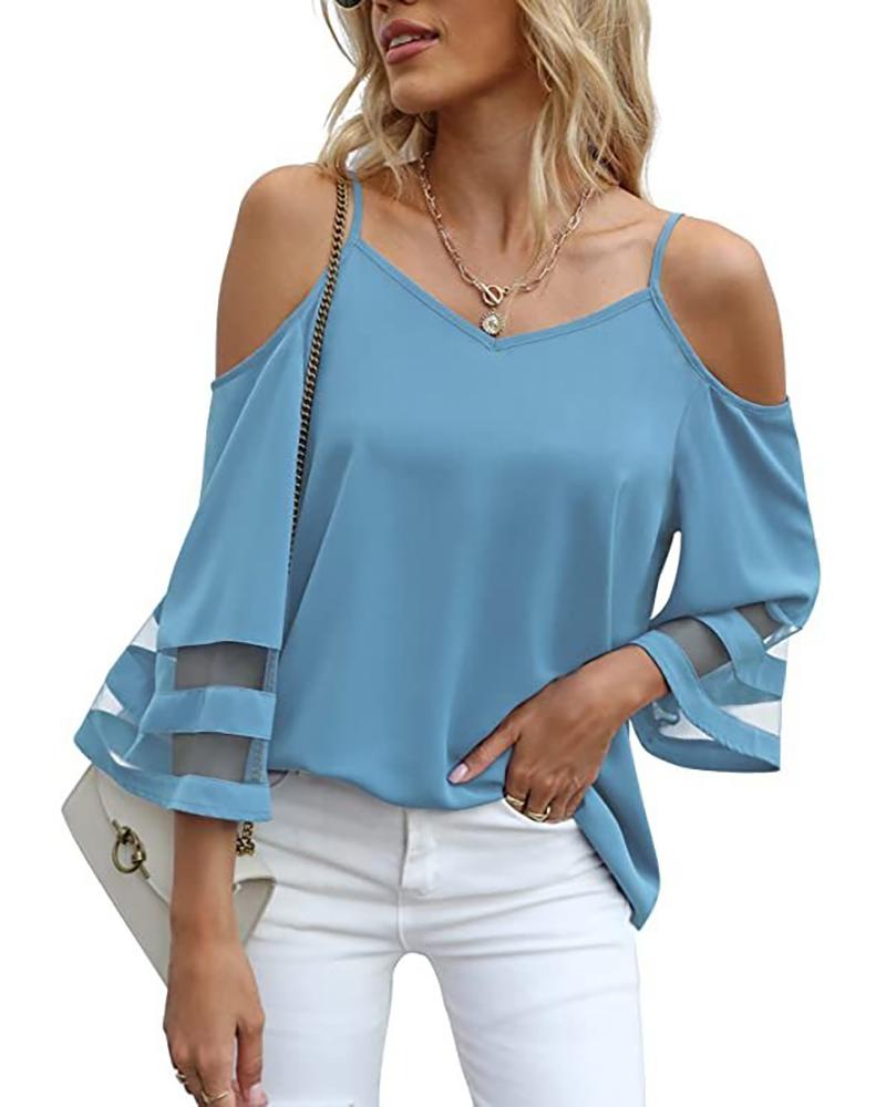 

Sheer Mesh Patch Bell Sleeve Cold Shoulder Top, Lighted blue