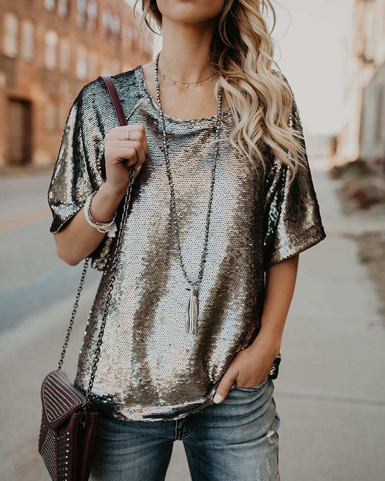 

Shiny Sequins Casual T-shirt, Multicolor