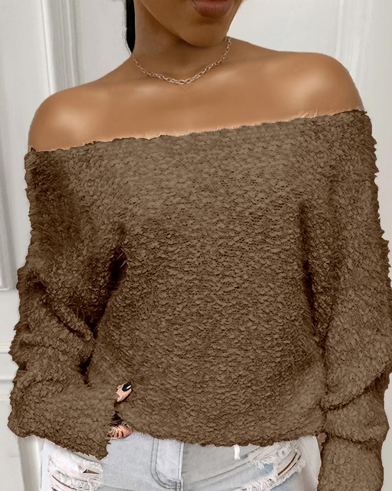 

Off Shoulder Fluffy Long Sleeve Sweater, Khaki