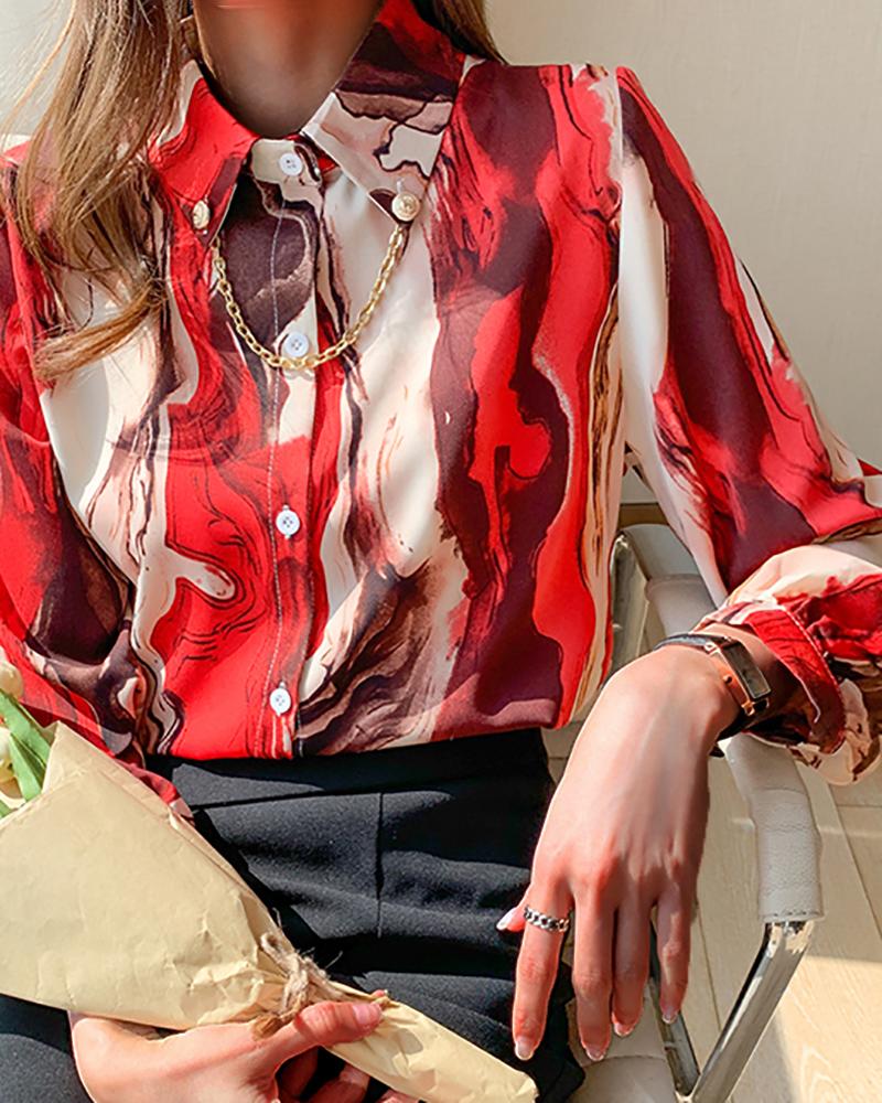 

Lantern Sleeve Abstract Marble Print Top, Red