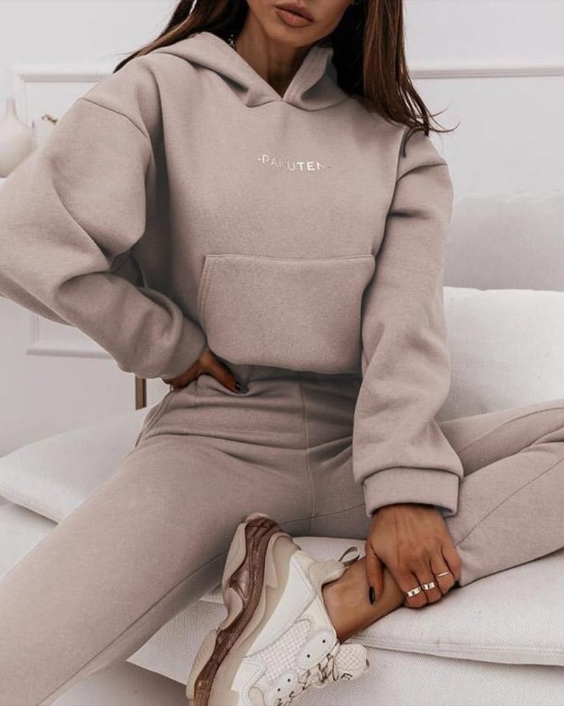 

Letter Print Long Sleeve Hoodie & Pants Set, Coffee