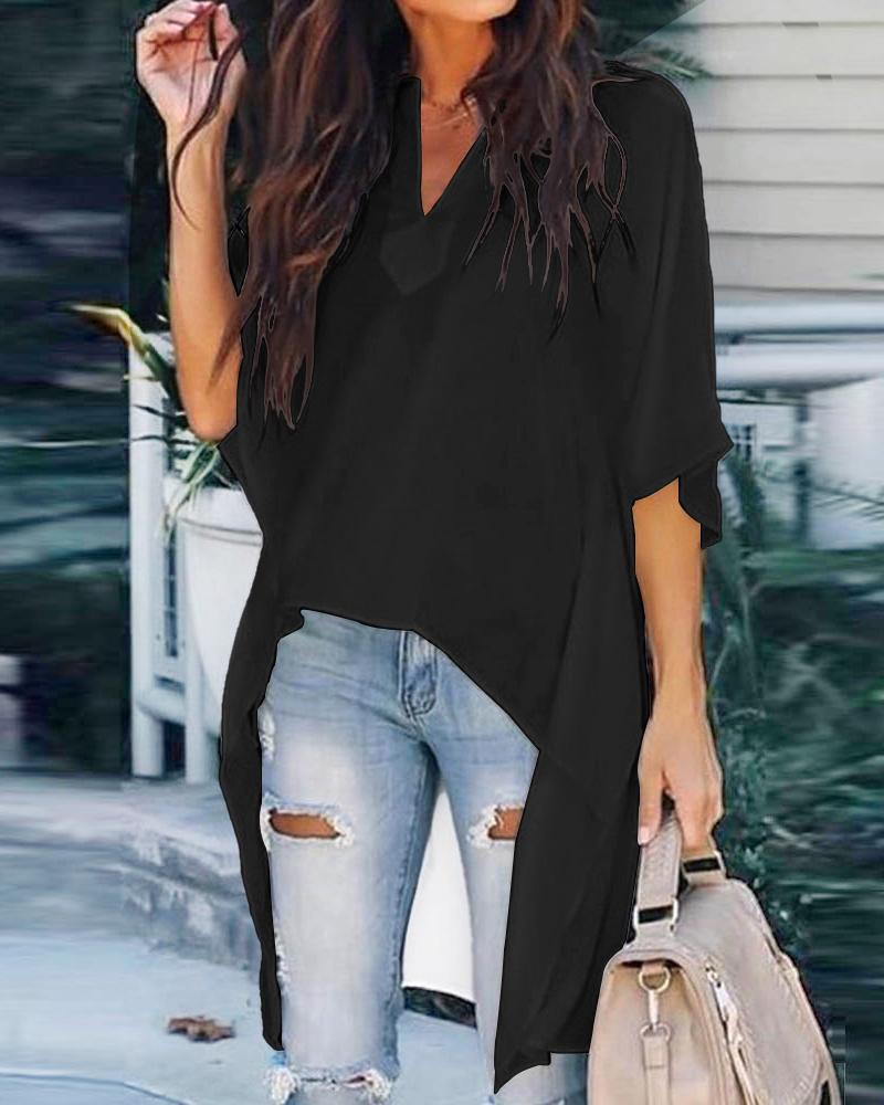 

Batwing Sleeve High Low Hem Casual Top, Black