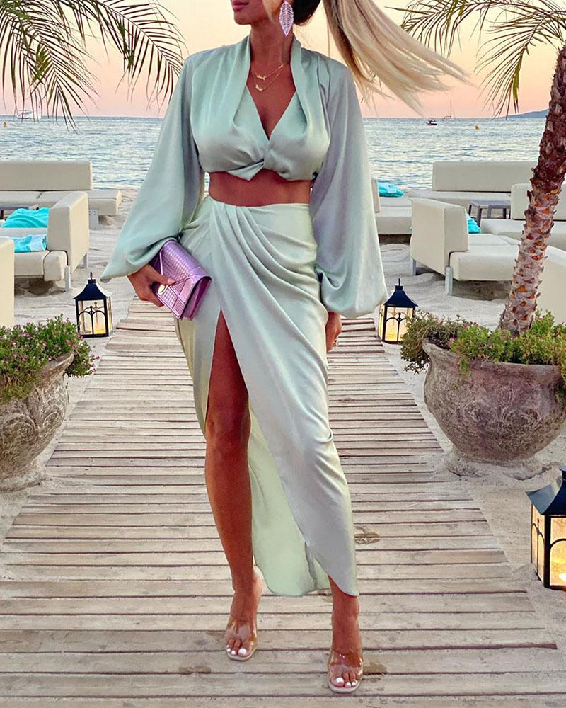 

Solid Lantern Sleeve Crop Top & High Slit Maxi Skirt Set, Blue
