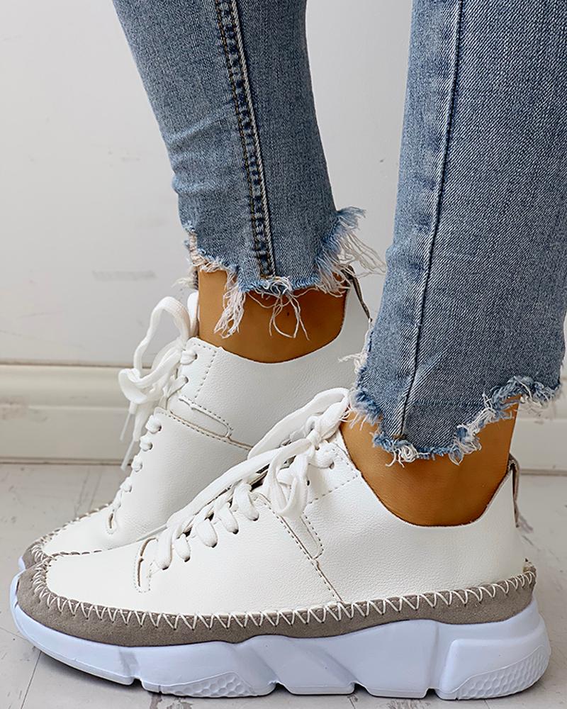 

Contrast Stitch Lace-Up Muffin Sneakers, White