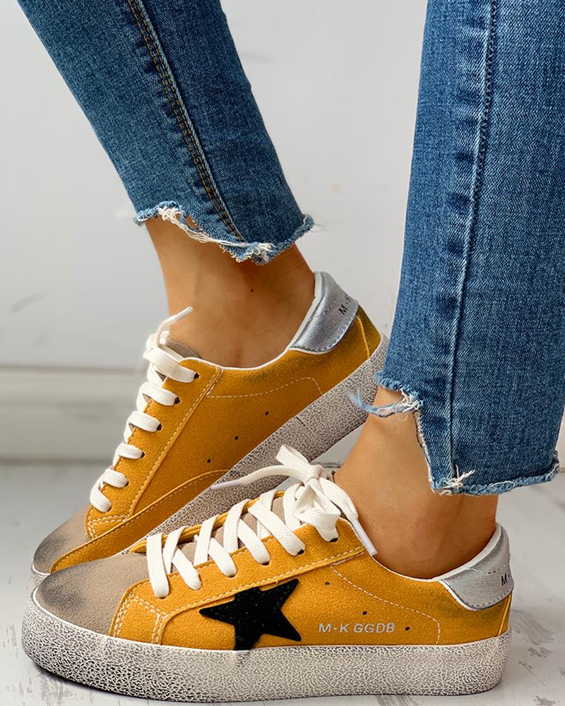 

Colorblock Star Embellished Lace-up Sneakers, Yellow