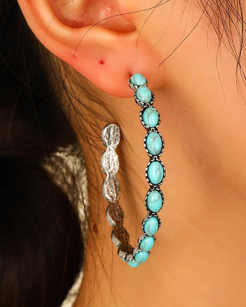 

1Pair Vintage Bohemian Turquoise Hoop Earrings, Green