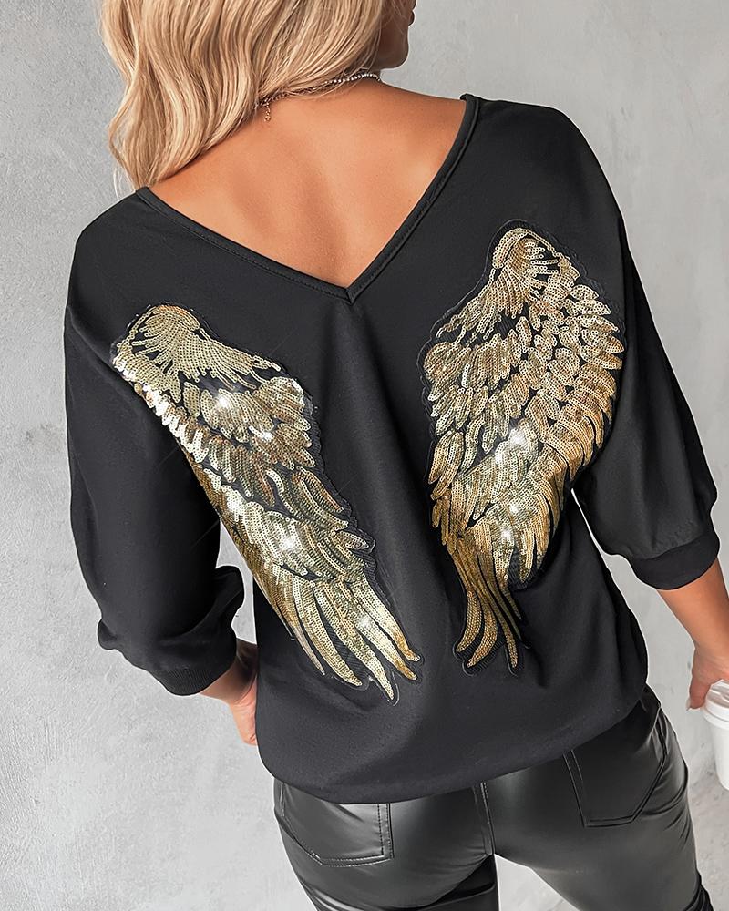 

Sequins Angel Wings Long Sleeve Sweatshirt, Black