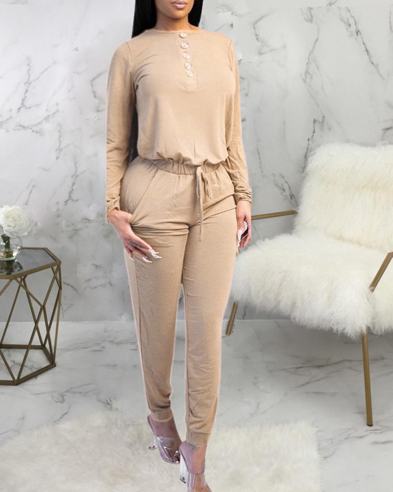 

Button Design Casual Top & Pants Set, Khaki