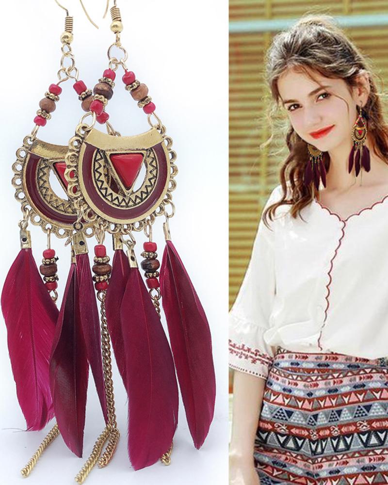

1Pair Bohemian Waterdrop Feather Drop Earrings, Red