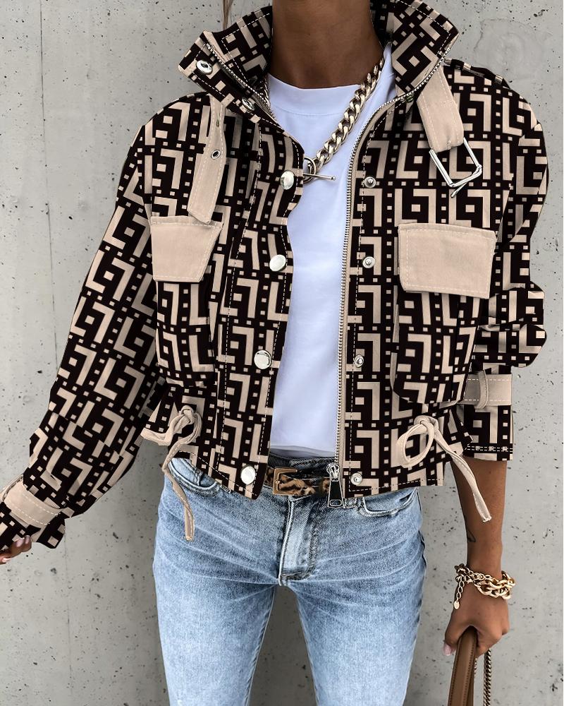 

Geometric Print Pocket Design Biker Jacket, Black