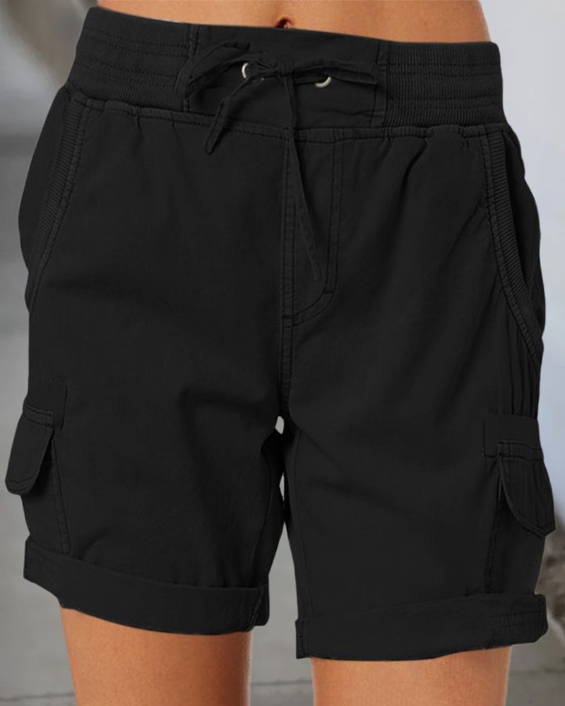 

Pocket Detail Roll Hem Drawstring Shorts, Black