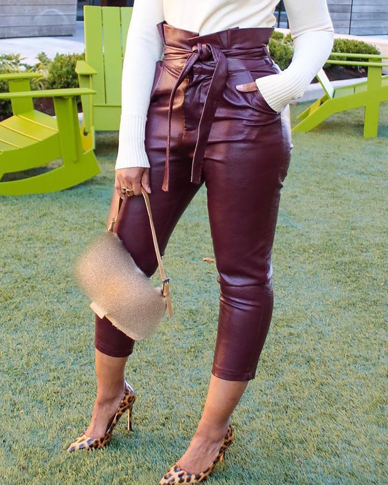 

PU Leather Tied Detail Pocket Design Skinny Pants, Wine red
