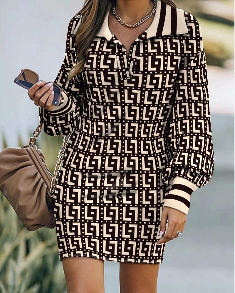 

Striped Geometric Print Lantern Sleeve Casual Dress, Brown