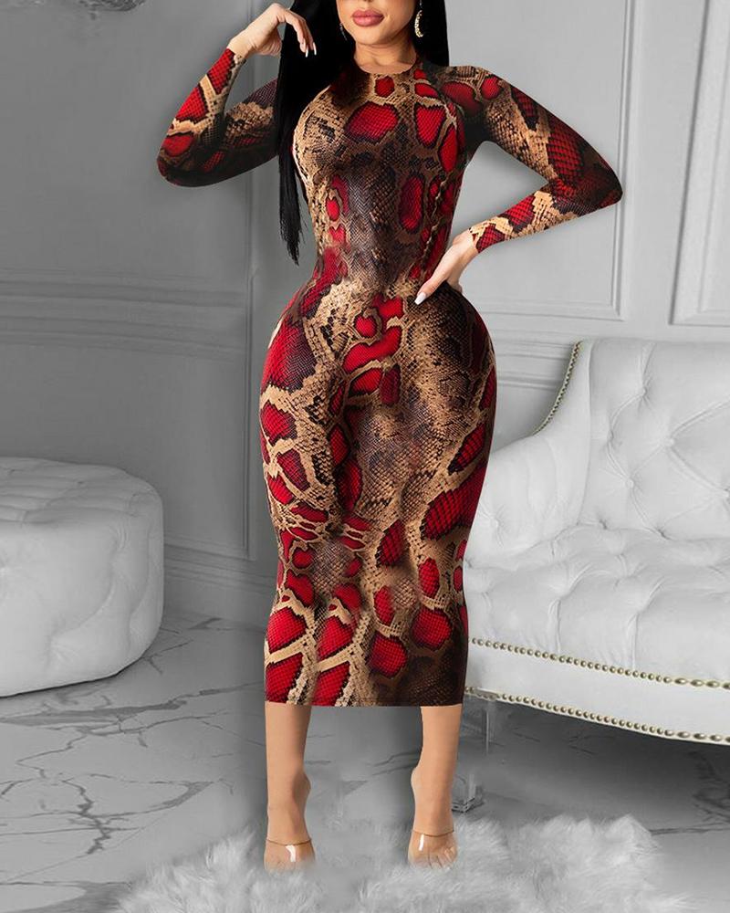 

Snakeskin Print Long Sleeve Bodycon Dress, Red