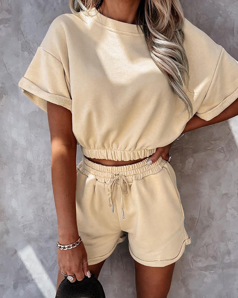 

Short Sleeve Crop Top & Drawstring Shorts Set, Khaki