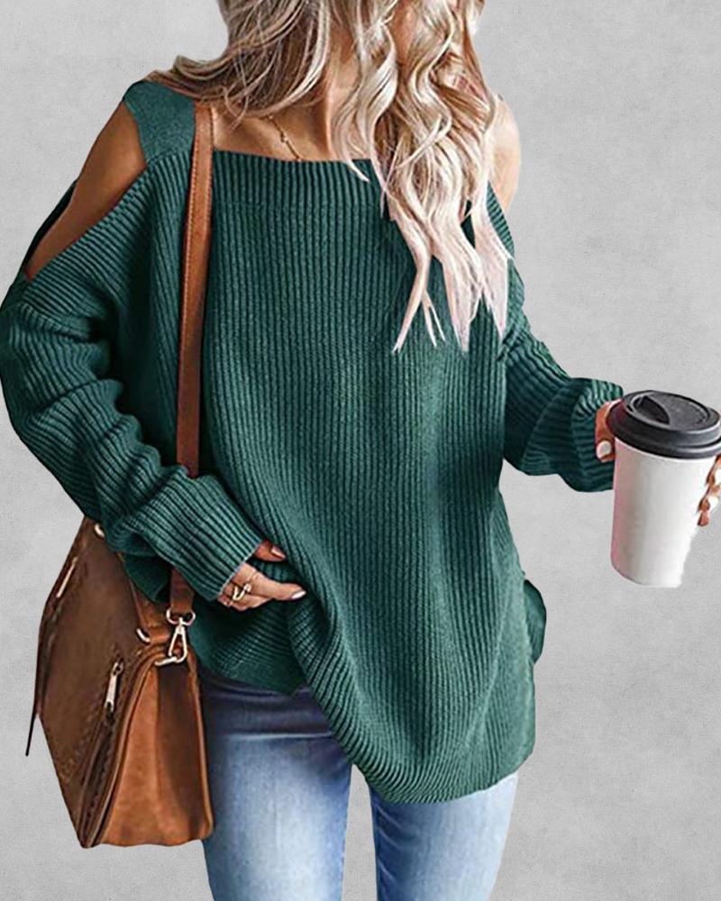 

Cold Shoulder Chunky Knit Sweater, Green