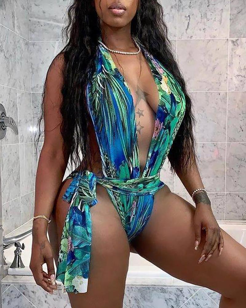 

Tropical Print Halter One Piece Swimwear, Blue