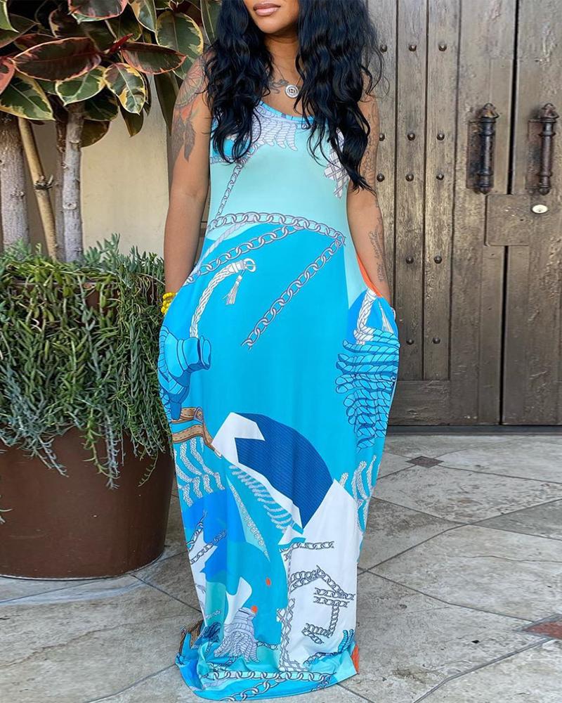 

Landscape Chain Print Spaghetti Strap Maxi Dress, Blue