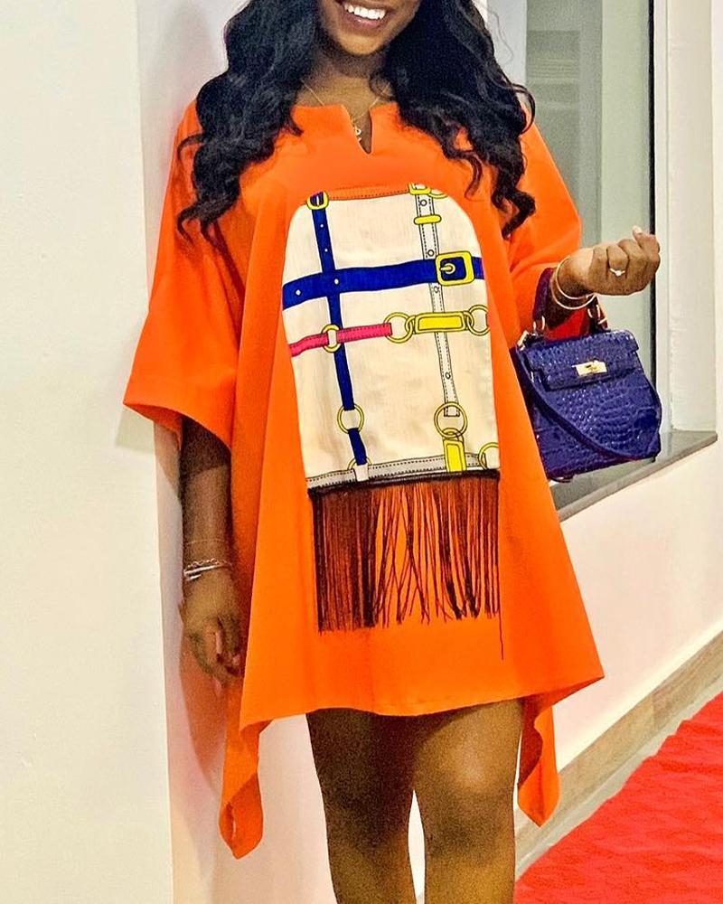 

Graphic Print Asymmetrical Hem Casual Dress, Orange