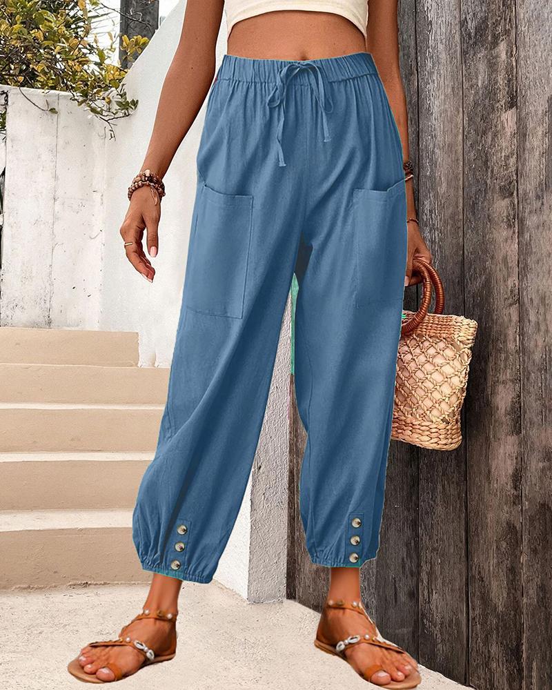 

High Waist Drawstring Cuffed Pants, Blue