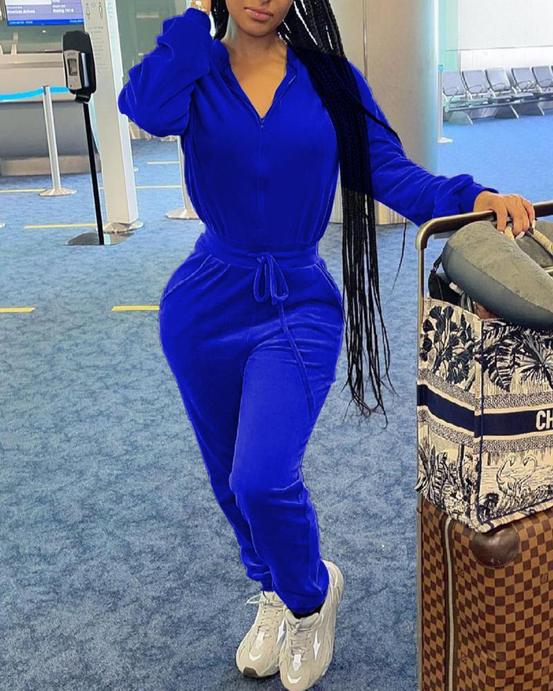 

Zipper Design Drawstring Long Sleeve Jumpsuit, Blue