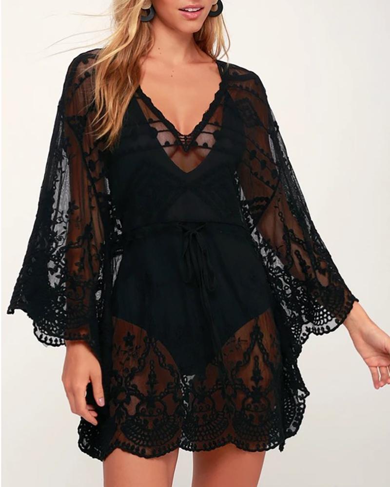 

Crochet Lace Sheer Mesh Cover Up Dress, Black