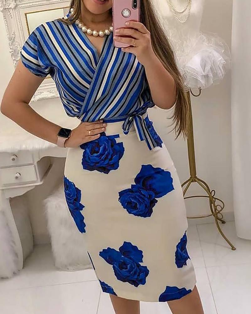 

Striped Colorblock Short Sleeve Top & Floral Print Midi Skirt Set, Blue