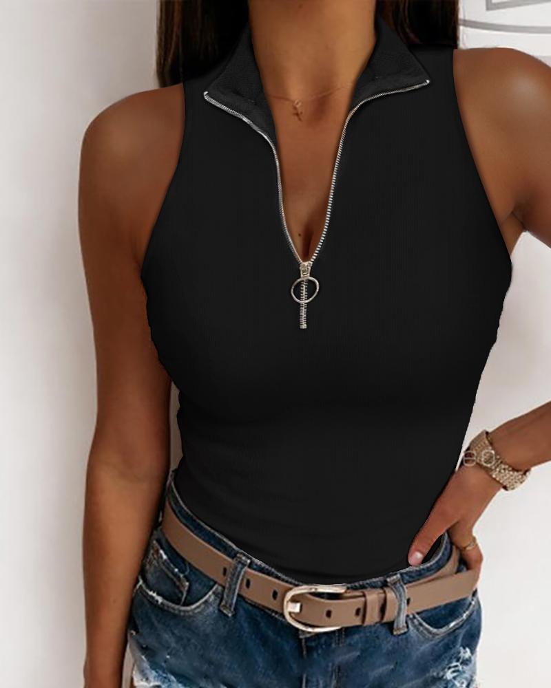 

Zip Sleeveless Plain Tank Top Slim Solid Color Tank Top, Black