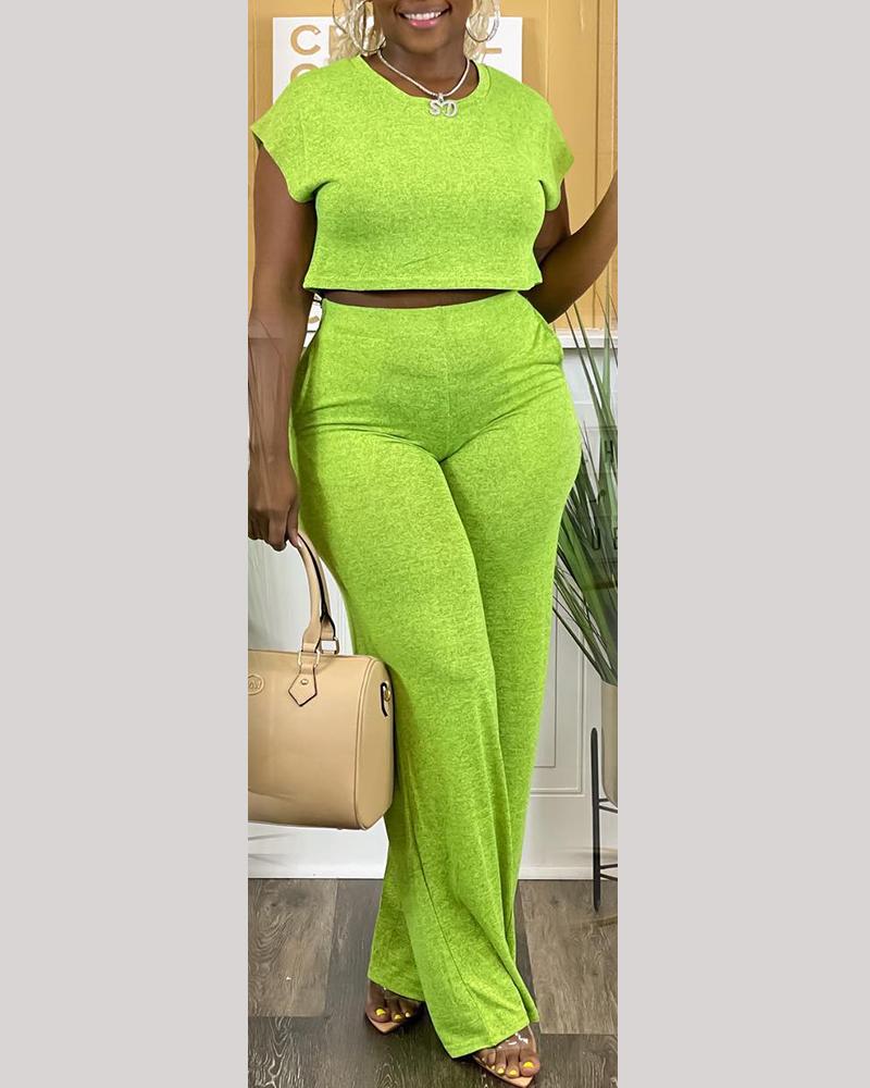

Plus Size Crop T-Shirt & Pocket Design Pants Set, Green