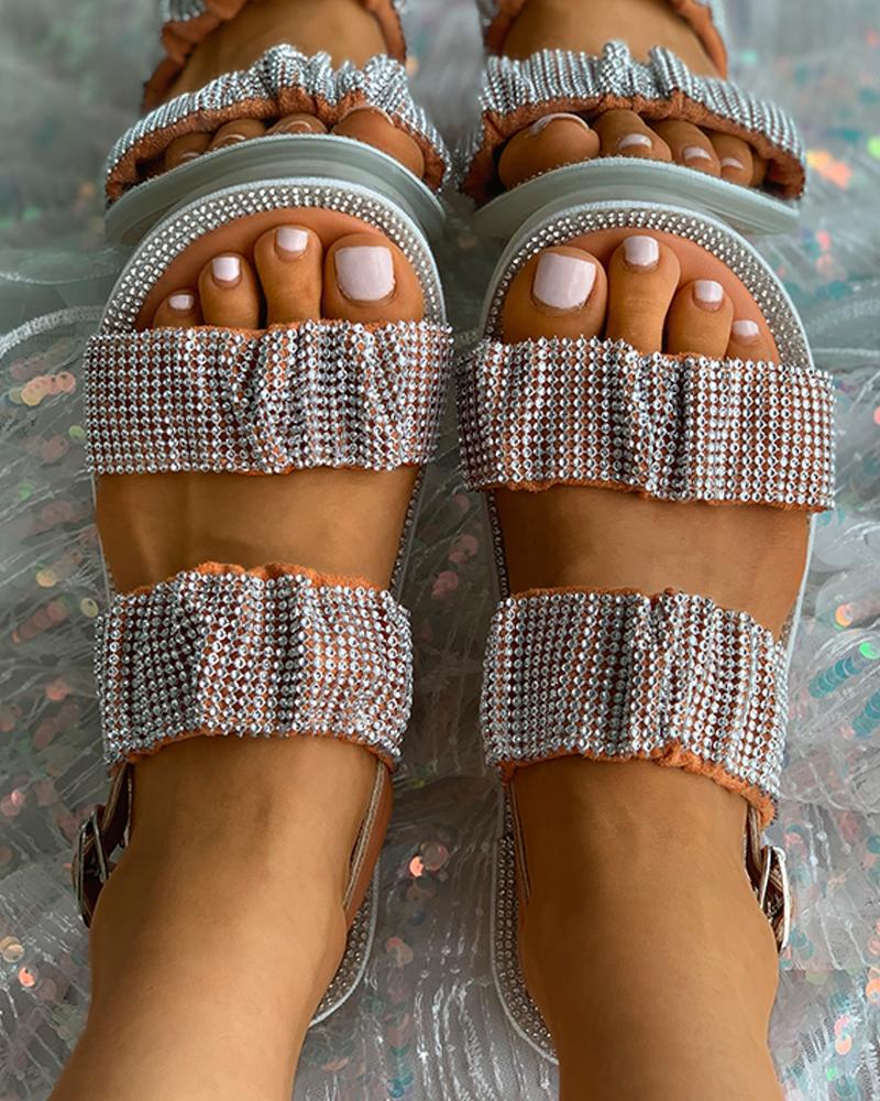 

Sparkling Studded Strap Slippers, Orange