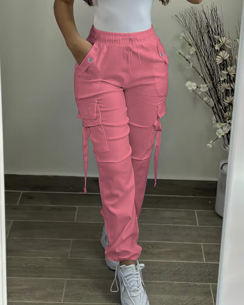 

Pocket Design Drawstring Cuffed Pants, Pink