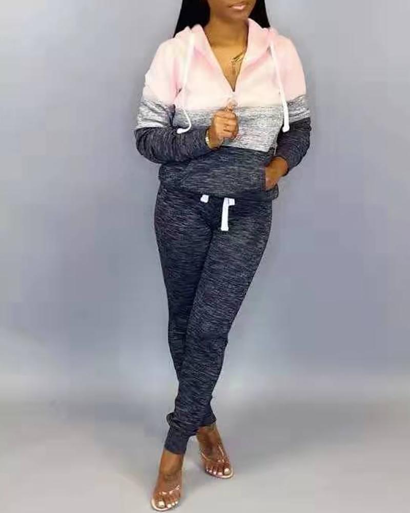 

Colorblock Pocket Design Hooded Top & Drawstring Pants Set, Pink