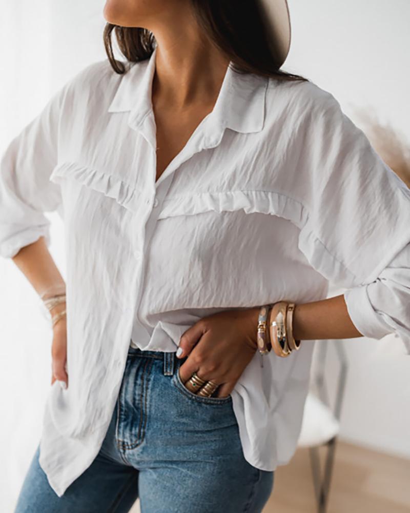 

Button Design Frill Hem Long Sleeve Casual Shirt, White