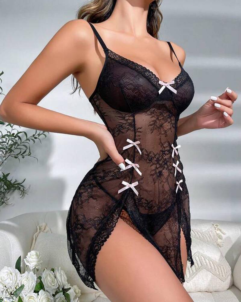 

Crochet Lace Bowknot Decor Slit Babydoll With Panty, Black