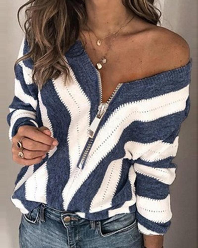 

Chevron Pattern Zip Front Long Sleeve Sweater, Dark blue