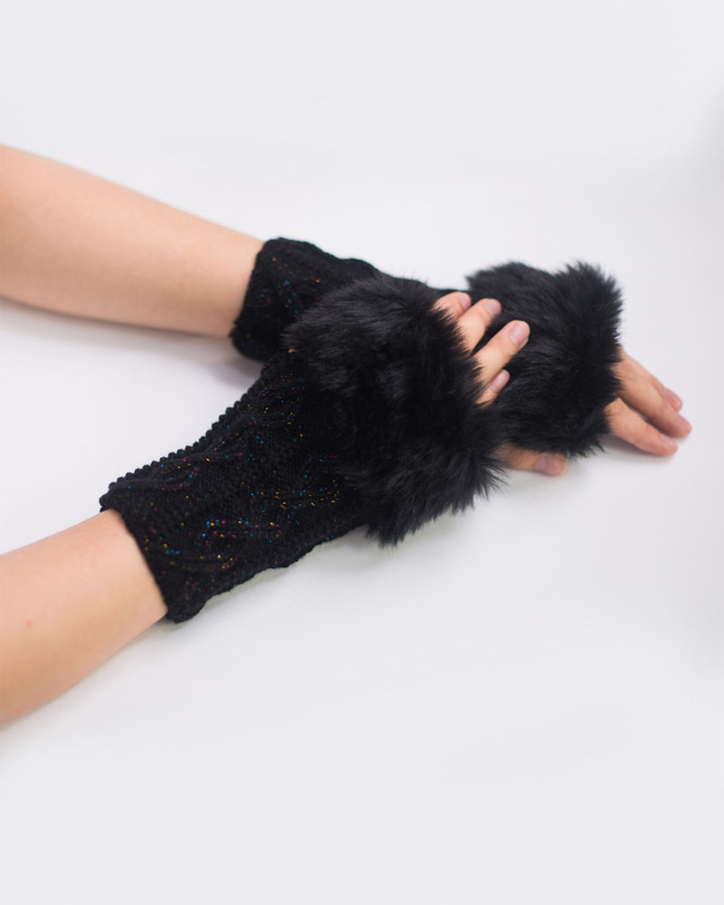 

Christmas Fuzzy Trim Fingerless Knit Gloves, Black