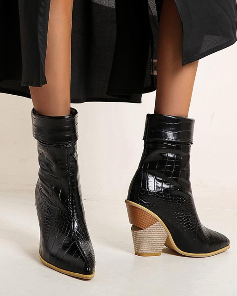 

Round-toe Crocodile Pattern Print Mid Heel Boots, Black