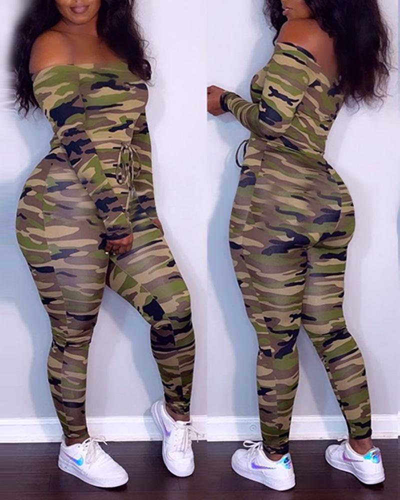 

Camouflage Print Off Shoulder Skinny Jumpsuit, Camoflage