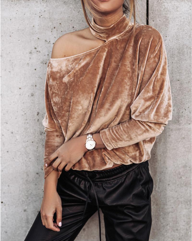 

Cold Shoulder Long Sleeve Velvet Top, Brown